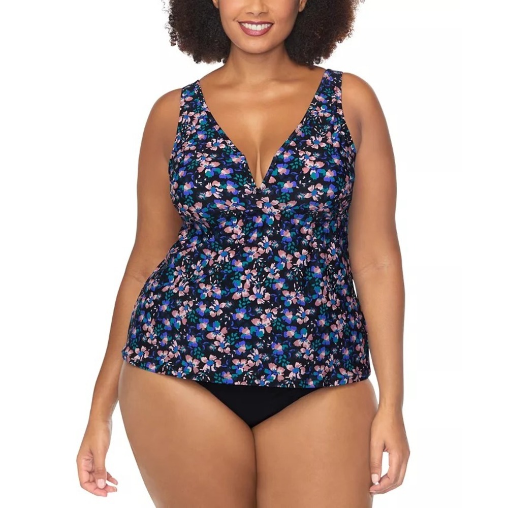 Raisins Juniors Plus Size 20W Tanzania Floral Tankini Swimsuit Top in Black 1323